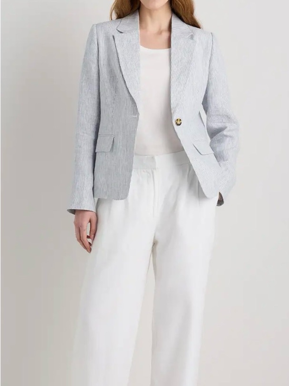Quince Light Blue and White Pinstripe Linen Blazer